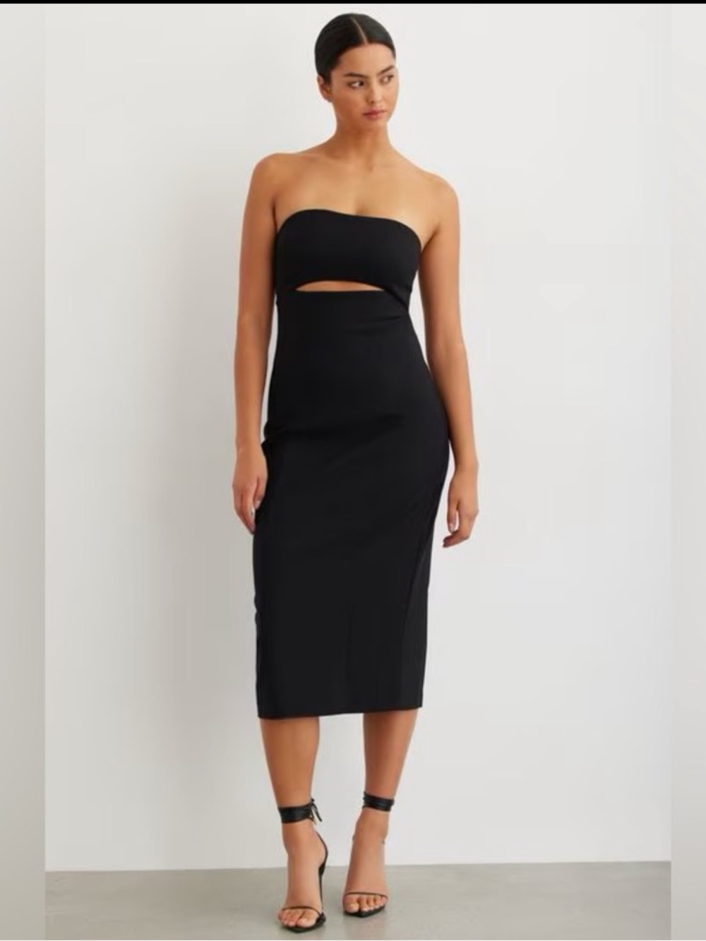 Strapless Black Midi Dress with Front Cutout